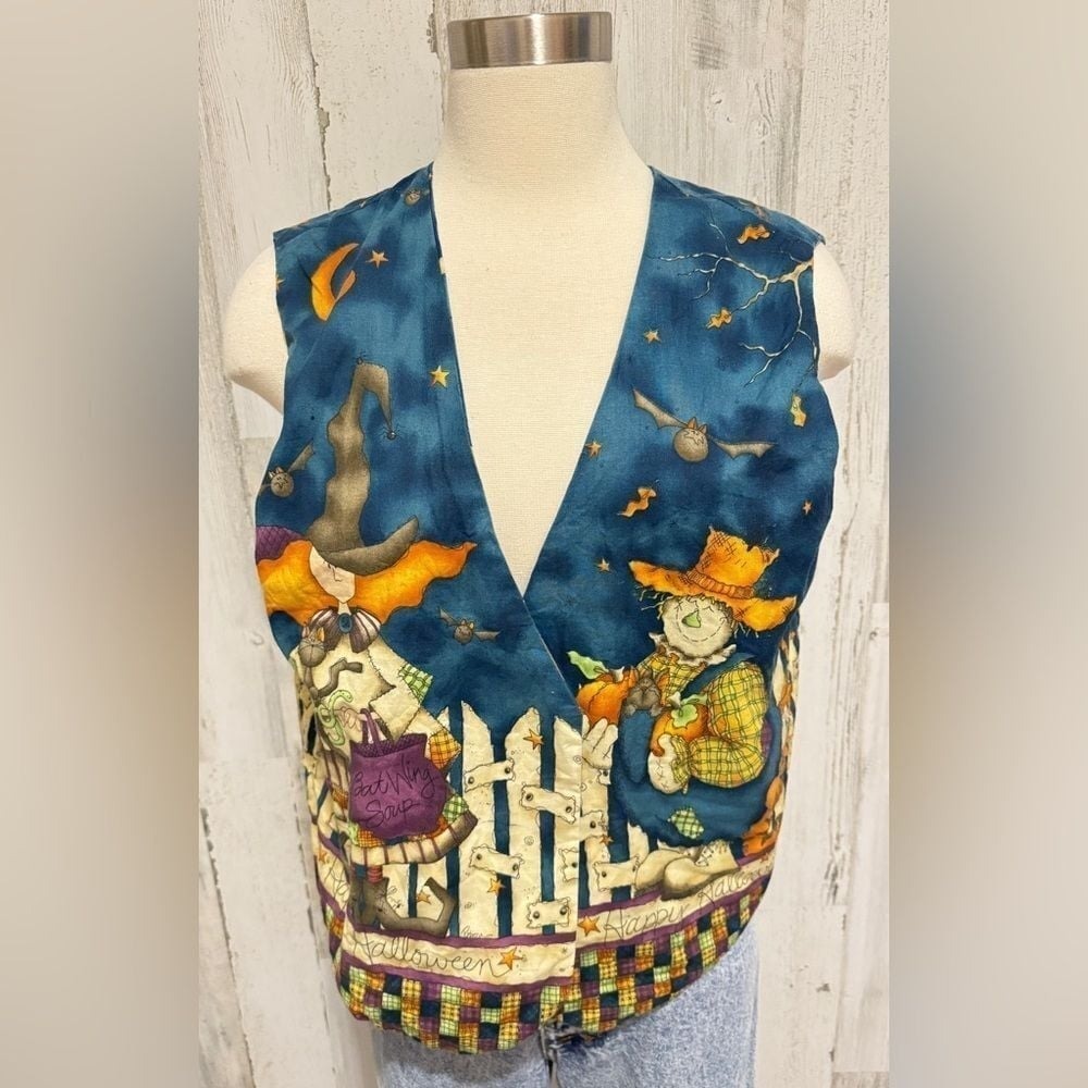 Vintage Handmade Halloween Vest whimsical‎ ghost spiders bat reversible teacher